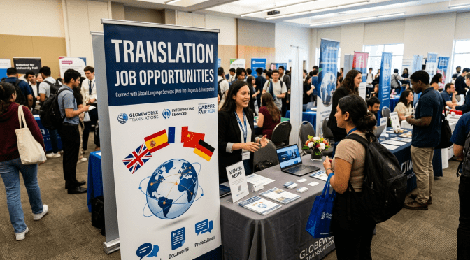 Career fair booth for translation job opportunities with two women talking