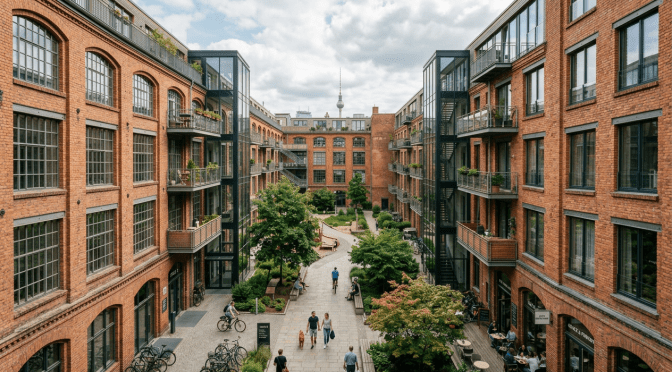 Courtyard with brick apartment buildings, people walking and biking, trees, and outdoor seating