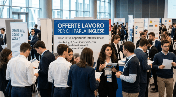 Career fair promoting job offers for English speakers with multiple attendees reading flyers